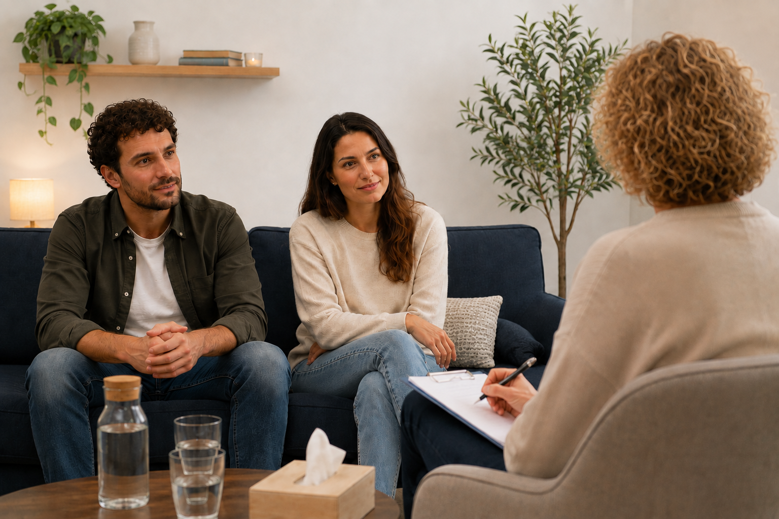 Una coppia durante un incontro di counseling in uno studio accogliente